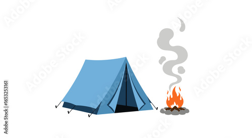 Blue Camping Tent with Campfire Illustration.