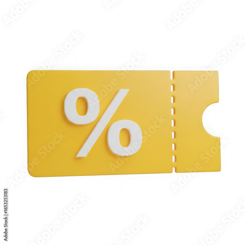 A 3d rendered yellow discount coupon with a white percentage symbol isolated on transparent background