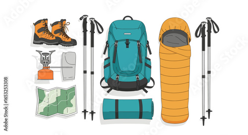 Hiking Gear Set: Boots Backpack Sleeping Bag Poles and Map for Outdoor Adventure.