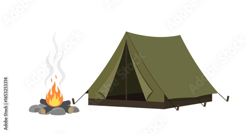 Camping Scene: Olive Green Tent with Campfire and Smoke.