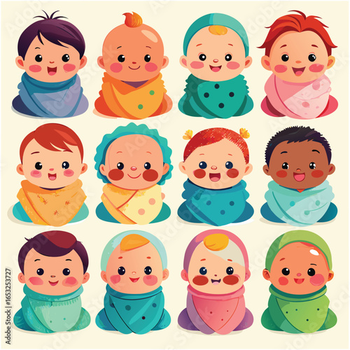 Vector art of group of diverse cartoon babies wrapped in colorful blankets isolated on white background