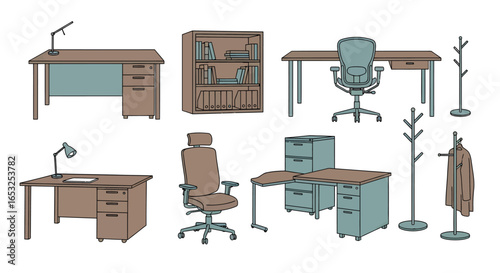 Office Furniture Set: Desks Chairs Bookcase and Coat Racks in a Cartoon Style.