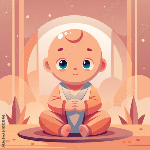 Vector art of a cute baby with big eyes sitting on a mat in a warm and inviting setting