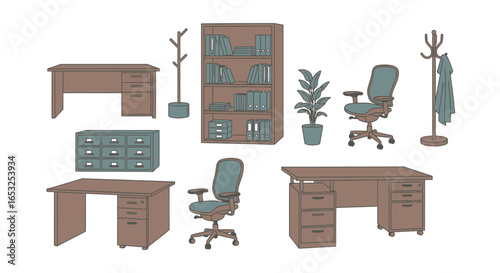 Office Furniture Set: Desks Chairs Bookcase and Filing Cabinet.