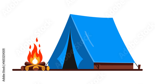 Blue Camping Tent with Campfire Illustration.