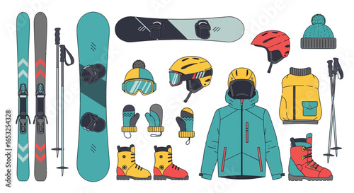 Winter Sports Equipment Collection: Skis Snowboard Boots Helmet and Apparel.