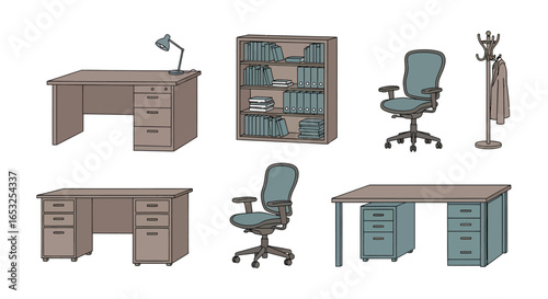 Office Furniture Set: Desks Chairs Bookcase and Coat Rack in a Cartoon Style.