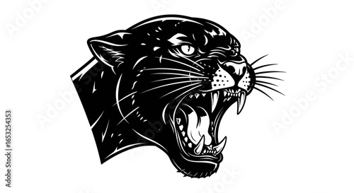Roaring Black Panther Head with Sharp Teeth and Intense Gaze.