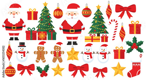 Christmas Holiday Vector Set with Santa Claus Trees Gifts and Decorations.