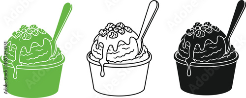 Ice cream sundae vector illustration with caramel and nuts