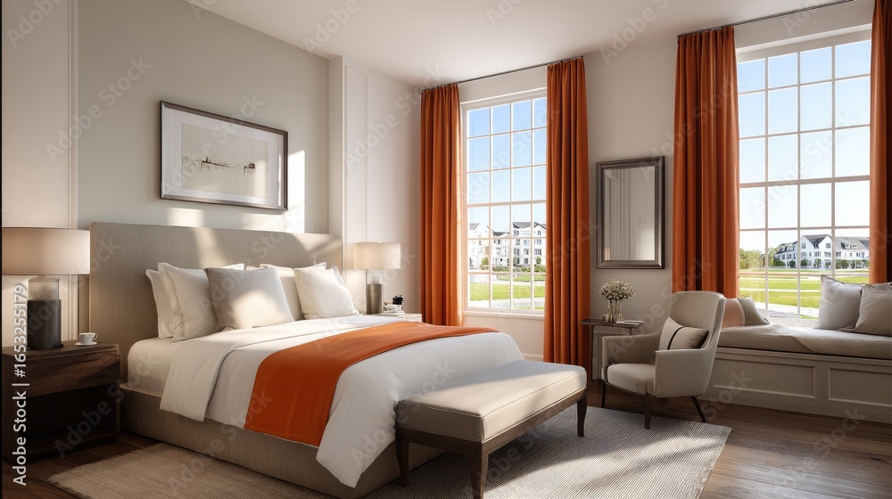 Fototapeta premium A luxurious bedroom with large windows and orange accents.