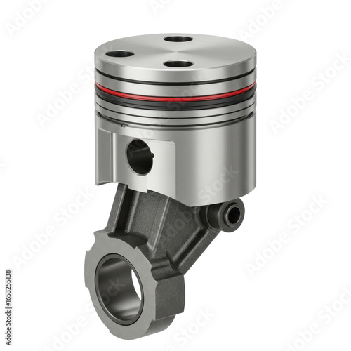 Close-up view of a piston and connecting rod assembly, showcasing the intricate details of the metal components and the red sealing rings.