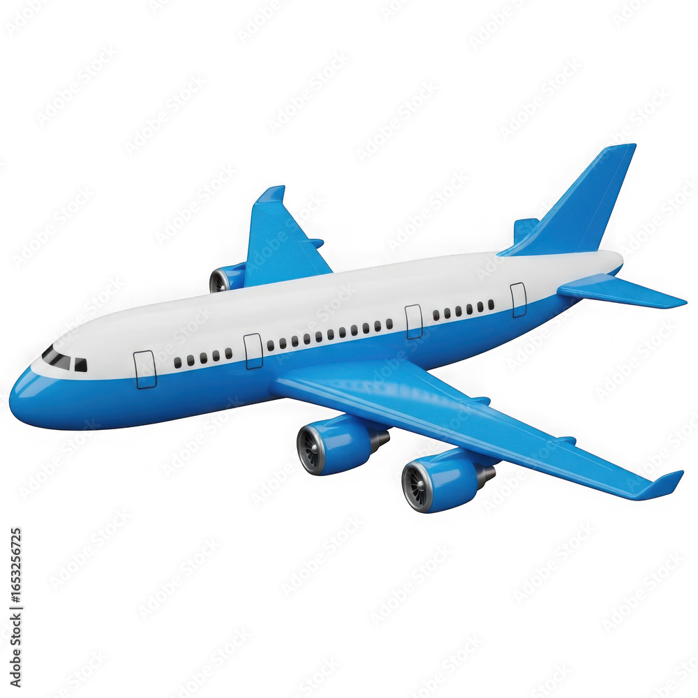 Fototapeta premium A detailed blue and white passenger airplane model isolated on a transparent background for aviation concepts isolated on transparent background