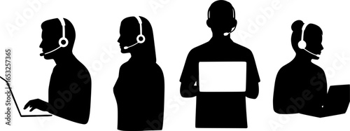 Four customer service representatives with headset and laptop wearing gear above their heads in black and white | editable eps vectors silhouette