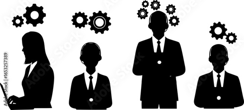 Four customer service representatives with headset and laptop wearing gear above their heads in black and white | editable eps vectors silhouette