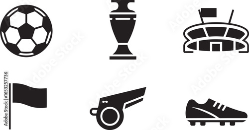 Soccer Football Icons Set Ball Trophy Stadium Flag Whistle Shoe Silhouette Vector