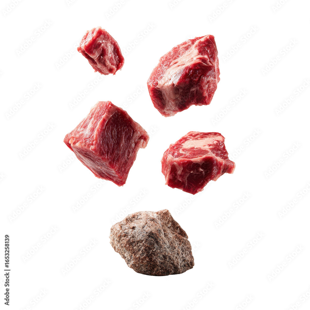 Obraz premium Fresh cuts of beef floating above a rustic surface in a minimalist kitchen setting showcasing the beauty of meat preparation
