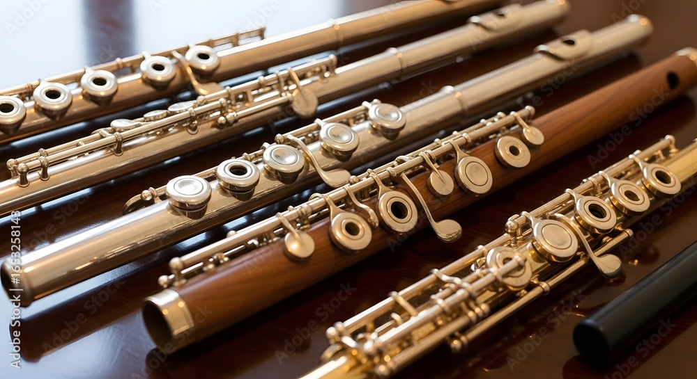 Naklejka premium Flute Collection, Studio Setting, Photography, Artistic Environment, Close-Up View, Instrumental Harmony