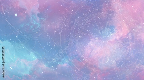 Pastel cloudscape showing astrological chart and constellations