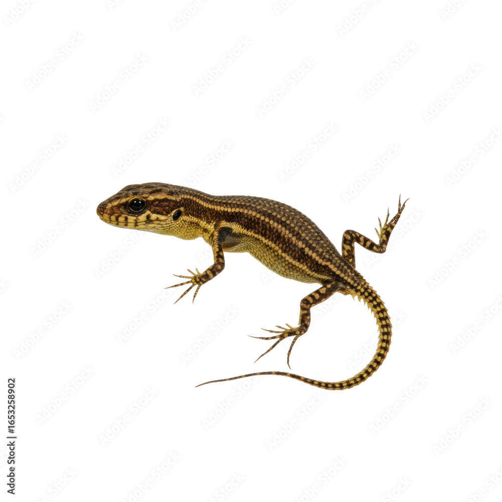Fototapeta premium A small lizard, exhibiting a light brownish-gold color with dark brown stripes, is depicted against a plain black backdrop.