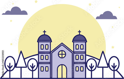Stylized Church Building with Towers and Crosses Under a Large Yellow Circle religion christianity