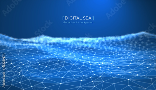 Abstract background with glowing wave, sea, and water. Dots, lines, and triangular polygons. Futuristic digital pattern, data network, technology mesh. Blue vector concept of science, cyber space flow