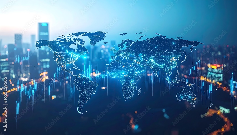 Fototapeta premium Global network map, illuminated with city lights