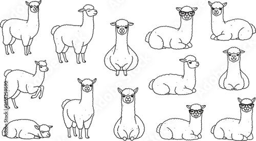 Cute alpaca line drawing vector illustration seamless art