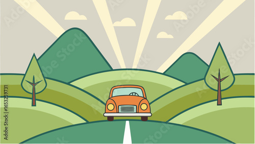 Vintage Orange Car Driving Through Rolling Green Hills Under a Sunny Sky retro automobile