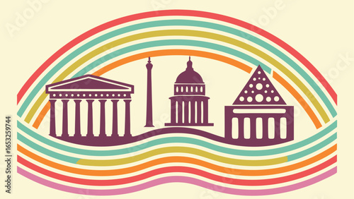 Stylized Rainbow Arch Over Silhouettes of Famous Buildings and Monuments vector illustration