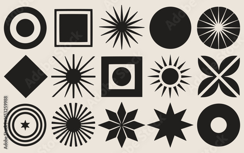 Image of various black geometric shapes on a beige background, featuring circles, stars, squares, and sunburst patterns, conveying a modern and abstract tone.