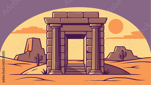Ancient stone ruins in a desert landscape with cacti and a setting sun architecture columns