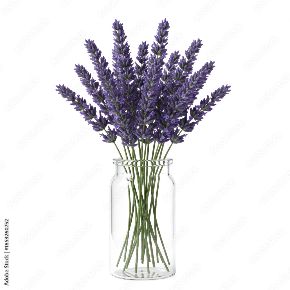Naklejka premium A bouquet of vibrant purple lavender blossoms in a clear glass vase.