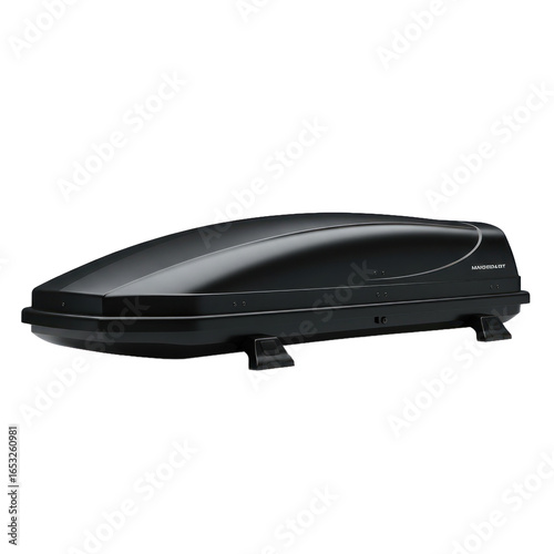 Sleek, glossy black roof cargo box, featuring a smooth design and practical features, for safe and convenient storage.