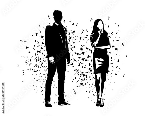 Business man and business woman standing, group of business people, isolated vector silhouette with dispersion effect