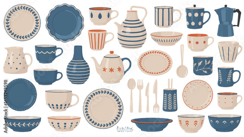Assortment of Hand- Drawn Ceramic Dishes and Mugs with Blue and Orange Accents dishware tableware