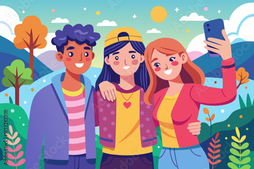 Three Friends Taking a Selfie Outdoors.