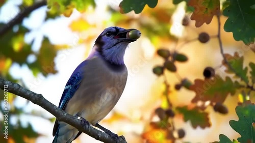 Blue jay with acorn in autumn foliage