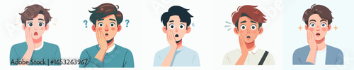 Flat Style Surprised Man Facial Expression with Hand Gesture Character Illustration