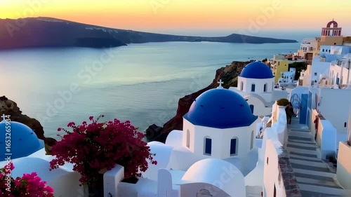 Coastal Santorini village at sunset, with vibrant bougainvillea and iconic blue domes