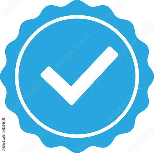 Blue verified badge icon, check mark symbol, approval certification, quality assurance, official verification, social media approval