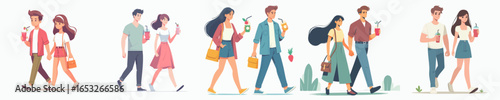 Flat Illustration Walking Couple Holding Drinks Summer Vibe Lifestyle Character