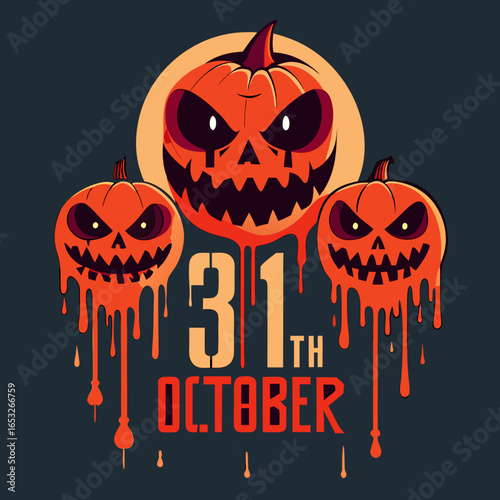 Three spooky jack o lanterns dripping with orange goo on october thirty first
