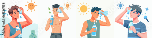 Flat Style Illustration of Heatstroke Prevention with Man and Water Bottle