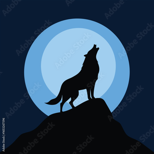 Black wolf silhouette howling at a large pale blue moon on a dark blue night sky vector