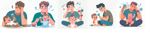 Cartoon Illustration of Exhausted Father with Crying Baby and Rattle