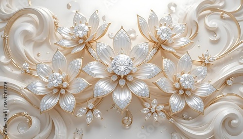 Luxury 3D Diamond and Pearl Flowers with Gold Accents.