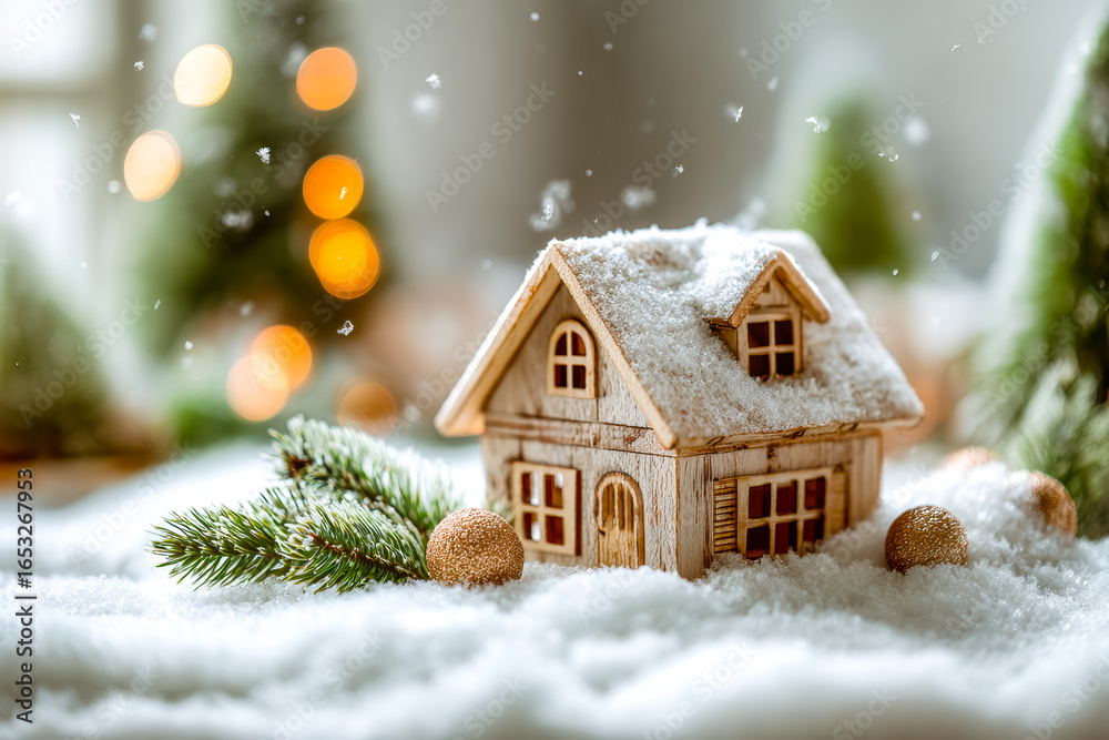 Naklejka premium Cozy wooden holiday cottage surrounded by festive decorations and snow seasonal scene