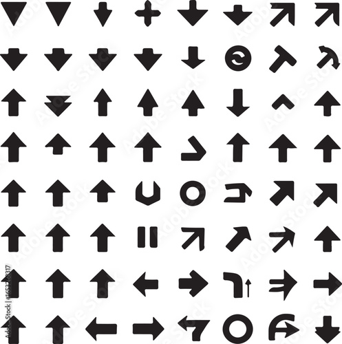 Collection of black arrow icons and symbols on a white background direction navigation