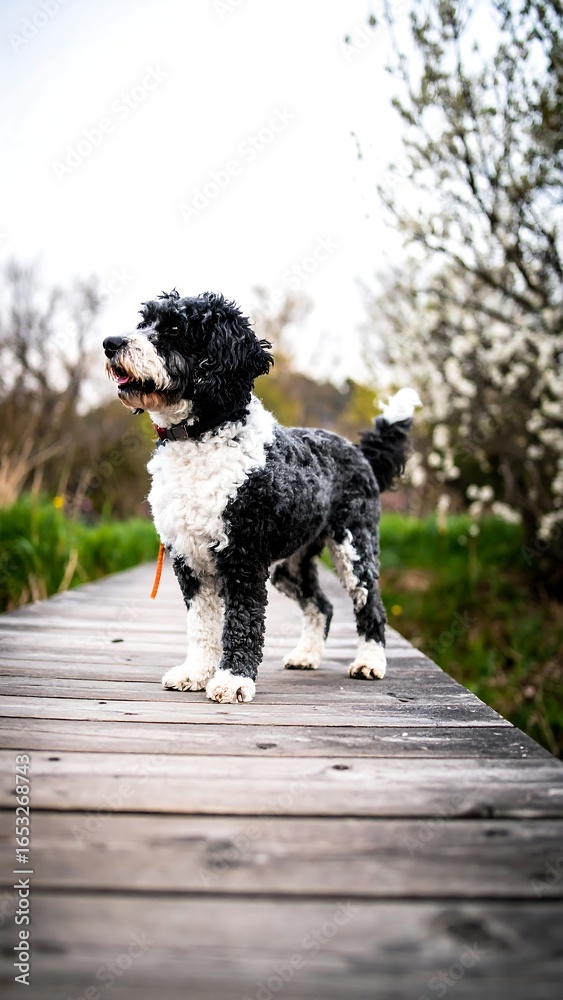 Fototapeta premium Cute dog on a wooden dock